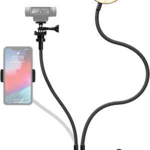 Knox Gear Clip On Selfie Ring Light Stand with Flexible Arm and Interchangeable Cell Phone Holder and Webcam/Camera Mount – Clamp to Laptop/Desktop/Desk for Streaming, Video Recording, Conferencing