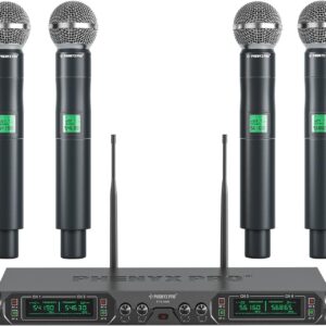 Phenyx Pro Wireless Microphone System, 4-Channel UHF Wireless Mic, Fixed Frequency Metal Cordless Mic with 4 Handheld Dynamic Microphones, 260ft Range, Mics for Singing, Church(PTU-5000-4H) Phenyx Pro Wireless Microphone System, 4-Channel UHF Wireless Mic, Fixed Frequency Metal Cordless Mic with 4 Handheld Dynamic Microphones, 260ft Range, Mics for Singing, Church(PTU-5000-4H)