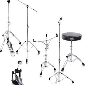Griffin 6 Piece Drum Hardware Pack (Percussion TiltPro X Edition)  Full Stand Kit with Snare, Hi-Hat, Cymbal Boom, Kick Pedal & Throne for Gigs or Studio