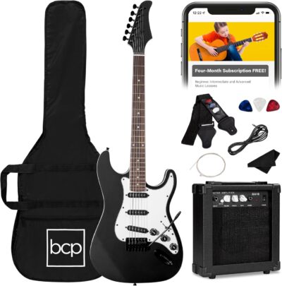 Best Choice Products 39in Full Size Beginner Electric Guitar Starter Kit w/Case, Strap, 10W Amp, Strings, Pick, Tremolo Bar - Jet Black