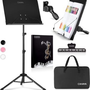 CAHAYA Music Stand for Sheet Music – Dual-use Converts to Desktop Stand Portable& Foldable 31.4-57in Height Adjustable Sturdy to Holds Thick Book or Tablet Include Carrying Bag Sheet Music Folder Clip