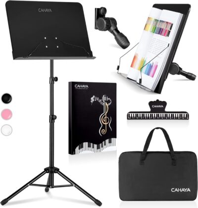 CAHAYA 5 in 1 Dual-use Sheet Music Stand & Desktop Book Stand Metal Portable Solid Back Height Adjustable from 31.4-57in with Book Stand Support, Carrying Bag, Sheet Music Folder and Clip CAHAYA 5 in 1 Dual-use Sheet Music Stand & Desktop Book Stand Metal Portable Solid Back Height Adjustable from 31.4-57in with Book Stand Support, Carrying Bag, Sheet Music Folder and Clip