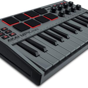 Akai Professional MPK Mini MK3 – 25 Key USB MIDI Keyboard Controller With 8 Backlit Drum Pads, 8 Knobs, Music Production Software and Native Instruments Sound Package (NKS Integration), Grey