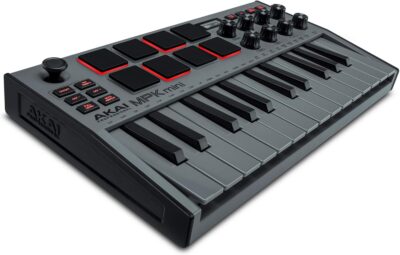 Akai Professional MPK Mini MK3 - 25 Key USB MIDI Keyboard Controller With 8 Backlit Drum Pads, 8 Knobs, Music Production Software and Native Instruments Sound Package (NKS Integration), Grey