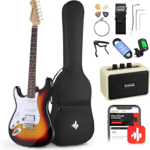 Donner 39 Inch Left-Handed Electric Guitar Kit Solid Body Sunburst Lefty Beginner Set Full-Size with Amplifier Online Lesson Bag Digital Tuner Capo Strap String Cable Picks DST-100SL