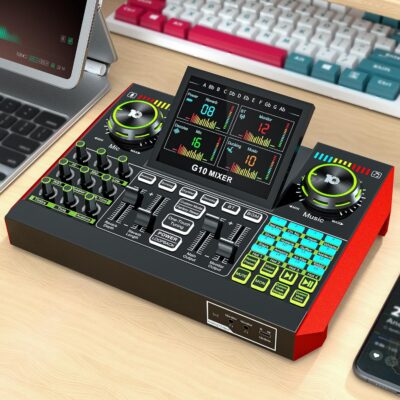 Audio Mixer, Sound Board for Pc/Phone Live Streaming Singing Gaming, Sound Mixer for 3.5mm/Xlr Dynamic/48V Microphone, Live Sound Card with DJ Mixer Effects & Voice Changer, Denoise, One Click Mute