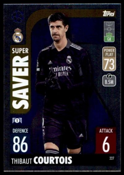 2021-22 Topps Match Attax UEFA Champions League #227 Thibaut Courtois Real Madrid CF Super Saver Foil Official UCL Soccer Trading Card in Raw (NM or Better) Condition 2021-22 Topps Match Attax UEFA Champions League #227 Thibaut Courtois Real Madrid CF Super Saver Foil Official UCL Soccer Trading Card in Raw (NM or Better) Condition