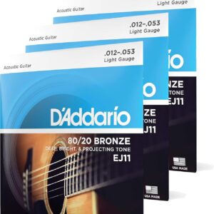 D’Addario Acoustic Guitar Strings, 80/20 Bronze, EJ11-3D, Light Gauge 12-53, 6-String Set, Pack of 3