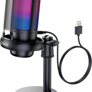 Gaming Microphone, USB PC Mic for Podcasts Videos, Streaming, Condenser Mic with Quick Mute, Tripod Stand, Pop Filter, RGB Indicator, Shock Mount, Rotate gain button, Compatible with PS4/5/PC