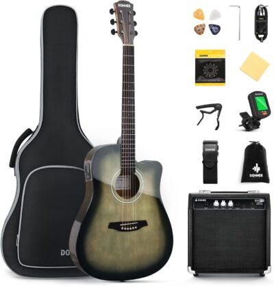 Donner Acoustic Electric Guitar Full Size Kit for Beginner Intermediate with Amplifier Capo Pick Tuner Strings Strap - 41 Inch