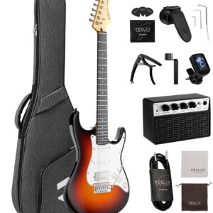 Fesley 39 Inch Electric Guitar: Beginner Electric Guitar Kit with HSS Pickup, Full Size Solid Body Guitar Starter Set with Amplifier, Bag, Strap, String, Cable, Picks, FST100, Sunburst