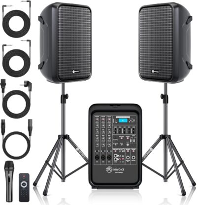 Professional Portable All-in-One 2-Way PA System Suitcase-Style Design with 8-Channel Mixer and 2X Speaker Stands,Bluetooth, Microphone, Remote Control for Performances, Presentations