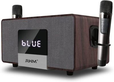 RHM K222 Karaoke Machine with 2 UHF Wireless Microphones & 5 Music Modes, Support Optical/Bluetooth/AUX/USB/PC, Wooden Home Karaoke Singing Machine for TV, Home, Karaoke, Singing Party, Christmas