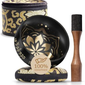 Handmade Tibetan Etched Singing Bowl Set with Case  Meditation Bowl & Sound Bowl with Cushion, Mallet & Guide  Stress Relief Instruments  Yoga Therapy Tools  Mindfulness Gift Set
