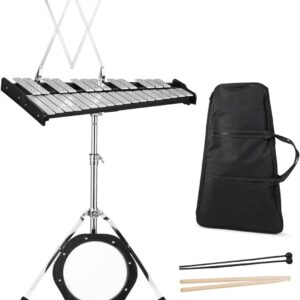 Giantex Percussion Glockenspiel Bell Kit 30 Notes, Xylophone with Adjustable Height Frame, Music Stand, 8″ Practice Pad, Bell Mallets, Drumsticks, Carrying Bag, for School Band Beginner Student
