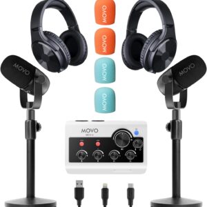 Movo Portable Podcast Equipment Bundle for iPhone/Android Phones- Podcast Kit with Audio Interface, 2 CastMic Dynamic Mics, 2 Table Stands – For Smartphones, Computers, PC, Mac – Lightning, USB, USB-C