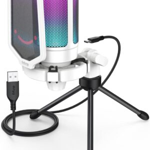 FIFINE AmpliGame USB Microphone, PC Gaming Recording Desktop Laptop Mic, RGB Streaming Podcasting Condenser Mic for Online Game, Vocal, with Mute Button, Gain Knob, Tripod Stand-A6V White