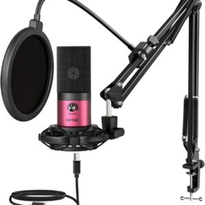 FIFINE Podcast Microphone Kit-USB PC Computer Recording Microphone, Condenser Mic Set for Streaming, Gaming, Voice-Over, Meeting, with Arm Stand, Shock Mount, Pop Filter-T669 Rose Red