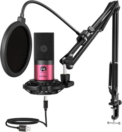 FIFINE Podcast Microphone Kit-USB PC Computer Recording Microphone, Condenser Mic Set for Streaming, Gaming, Voice-Over, Meeting, with Arm Stand, Shock Mount, Pop Filter-T669 Rose Red FIFINE Podcast Microphone Kit-USB PC Computer Recording Microphone, Condenser Mic Set for Streaming, Gaming, Voice-Over, Meeting, with Arm Stand, Shock Mount, Pop Filter-T669 Rose Red