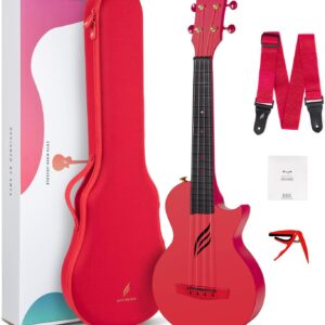 Enya Nova U 23″ Concert UkuleleCarbon Fiber Travel UkuleleWith Beginner Kit includes Online Lessons, Case, Strap, Capo and Strings (Red)
