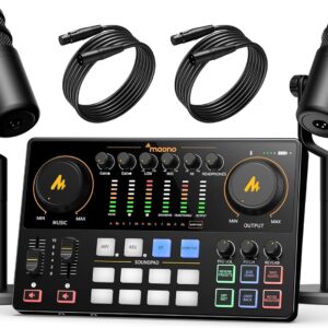 MAONO Podcast Equipment Bundle for 2: Audio Interface Mixer with 2 XLR Dynamic Mic Noise Reduction Podcast Streaming MaonoCaster E2 Gen2C