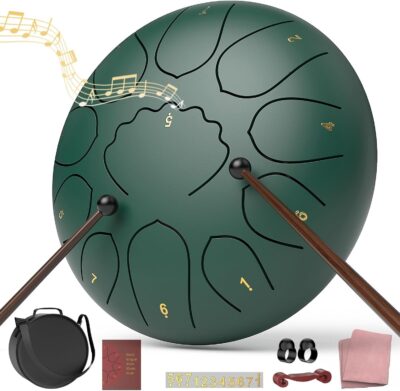 Rain Drum for Outside Garden, 8 Inches 11 Notes Steel Tongue Drum, Waterproof Meditation Rain Chime, Musical Instruments for Adult Gift with Bag, Music Book, Mallets (Green)