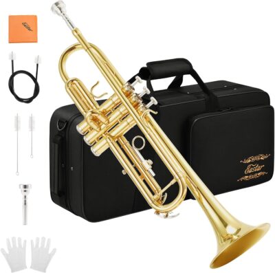 Eastar Bb Standard Trumpet Set for Beginner, Brass Student Trumpet Instrument with Hard Case, Cleaning Kit, 7C Mouthpiece and Gloves, ETR-380, Golden Eastar Bb Standard Trumpet Set for Beginner, Brass Student Trumpet Instrument with Hard Case, Cleaning Kit, 7C Mouthpiece and Gloves, ETR-380, Golden
