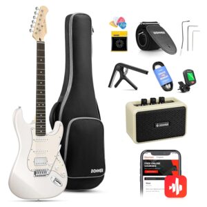 Donner Electric Guitar, DST-152 39″ Electric Guitar Starter Kit HSS Pickup Coil Split, with Amp, Bag, Accessories, Polar White