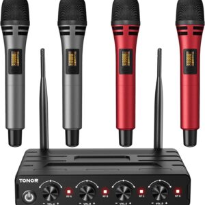 TONOR Wireless Microphones System with 4×10 Channels Cordless Handheld Microfono Inalambrico, UHF Mics with Stable Signal Transmission for Karaoke Singing Party Church Wedding PA Speaker 200ft Red