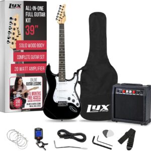 LyxPro Electric Guitar 39″ inch Complete Beginner Starter kit Full Size with 20w Amp, Package Includes All Accessories, Digital Tuner, Strings, Picks, Tremolo Bar, Shoulder Strap, and Case Bag – Black