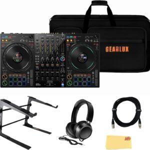 Pioneer DDJ-FLX10 4-Channel Professional DJ Controller – Black Bundle with Case, Laptop Stand, HDJ-CUE1 Headphones, XLR Microphone Cable, and Austin Bazaar Polishing Cloth
