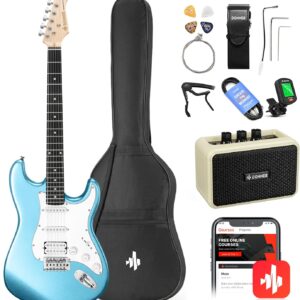 Donner DST-100T 39 Inch Electric Guitar Beginner Kit Solid Body Full Size Lake Blue HSS Pick Up for Starter, with Amplifier, Bag, Digital Tuner, Capo, Strap, String,Cable, Picks