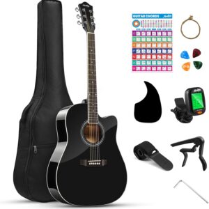 Moukey 41″ Acoustic Guitar for Beginners Adult Teen Full Size Guitarra Acustica with Chord Poster, Gig Bag, Tuner,Steel Strings, Capo, Strap – Black