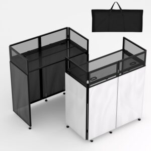 LUCKUP Portable DJ Booth 41″L x 20″W DJ Facade with White & Black Scrim, Foldable DJ Table Station with Adjustable Feet for Party, Black Metal Frame