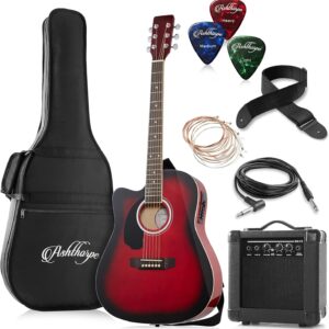 Ashthorpe Left Handed Full-Size Dreadnought Cutaway Acoustic Electric Guitar Package with 10 Watt Amp – Red Ashthorpe Left Handed Full-Size Dreadnought Cutaway Acoustic Electric Guitar Package with 10 Watt Amp – Red
