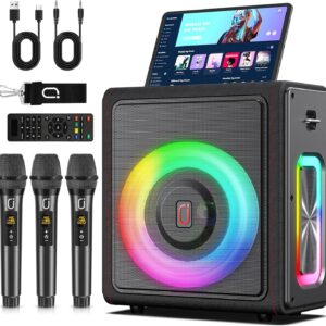 Karaoke Machine with 3 Wireless Mics | Bluetooth 5.3 Speaker with Echo Adjustment & Auto Pitch Correction | PA System with RGB Lights, Supports TV/TF Card/USB/AUX/Live/REC for Home Parties