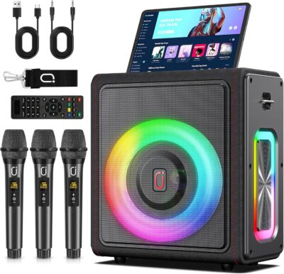 Karaoke Machine with 3 Wireless Mics | Bluetooth 5.3 Speaker with Echo Adjustment & Auto Pitch Correction | PA System with RGB Lights, Supports TV/TF Card/USB/AUX/Live/REC for Home Parties Karaoke Machine with 3 Wireless Mics | Bluetooth 5.3 Speaker with Echo Adjustment & Auto Pitch Correction | PA System with RGB Lights, Supports TV/TF Card/USB/AUX/Live/REC for Home Parties