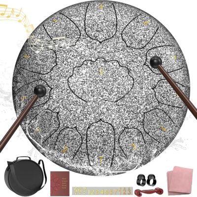 D Major Steel Tongue Drum Handpan, 12 Inch 13 Note Rain Drum for Outside Garden, Meditation Rain Chime, Musical Percussion Instrument for Adult Gift with Bag, Music Book, Drum Mallets (Star Sliver)