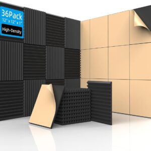 36 Pack Acoustic Foam Panels with Self Adhesive 12″ X 12″ X 1″ Sound Proof Foam Panels for Walls High Density Wedge Soundproof Wall Panels for Studio Office Gaming Room
