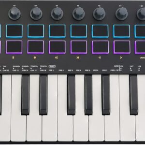 37-key MIDI keyboard controller with 16 backlit drum pads, perfect for music production and beat making with responsive touch sensitivity