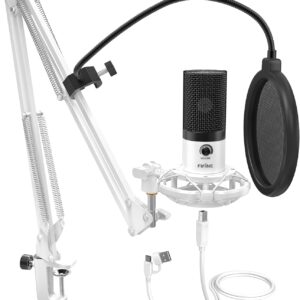 FIFINE USB Recording Microphone Kit, Studio Condenser Microphone for Vocals Music Creation, Voice-Over, Singing with Metal Boom Arm, 16mm Diaphragm, Podcast Mic Set-T669 White