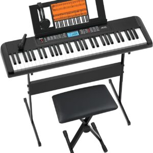 61 Key Keyboard Piano, Portable Electric Piano Keyboard w/LCD Screen, Built-In Speakers, Headphones, Stand, Stool, Music Rest, Microphone, 300 Timbres, 300 Rhythms