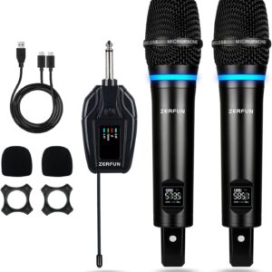 2 Channel Rechargeable Wireless Microphone System, Pro UHF Metal Handheld Wireless Microphones Cordless Mics with Mini Receiver, Channel Control for Karaoke Singing Church