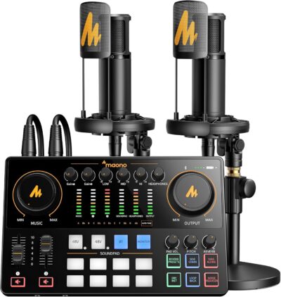 MAONO Podcast Equipment Bundle for 2: Audio Interface Mixer with 2 XLR Condenser Mic Noise Reduction Podcast Streaming MaonoCaster E2 Gen2B