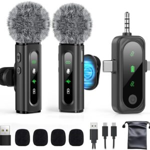 Wireless Lavalier Microphone for iPhone, Android, USB C, PC, Camera Video Recording 4 in 1 Clip-on Mics with Rotatable Clip&Denoise Recording, for Vlog Tiktok YouTube Podcast Content Creator