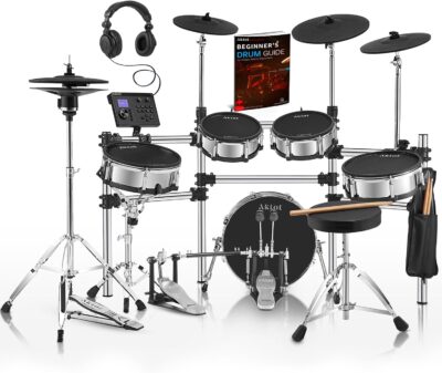 AKLOT Acoustic-Style Electric Drum Set: Independent 16'' Wooden Double Pedal Bass Drum and 12'' Snare, Triple-Zone Ride Cymbal, Standalone Hi-Hat, Full Mesh Pads, 460 Sounds, USB MIDI (B-CORE543D)