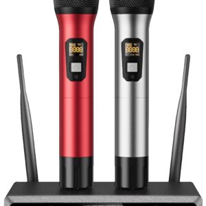 TONOR Wireless Microphone System, Professional Metal Cordless Karaoke Microphones, Handheld Dynamic Mic Set with Receiver for Home Party, Meeting, KTV, Church, DJ, Wedding, Singing, 200ft, TW820 Red