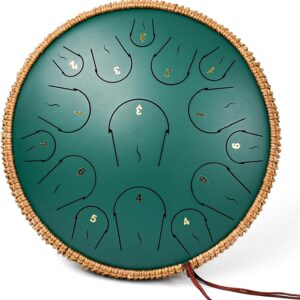 Steel Tongue Drum – 14 Inch 15 Note Tongue Drum – Hand Pan Drum with Music Book, Handpan Mallets and Carry Bag, C Major, Green