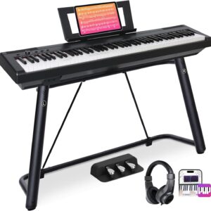 AODSK Digital Piano 88 Key Weighted keyboard Piano with Portable and stable U stand, Full Size Weighted Keyboard, with 3-Pedal Unit, 2x15W Stereo Speakers, MP3 Function, Black, Piano Lessons