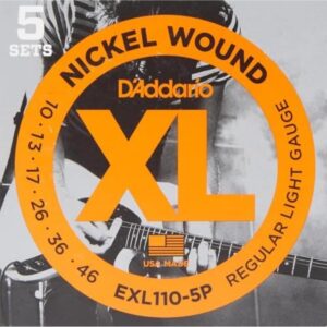 D’Addario Electric Guitar Strings, XL Nickel, EXL110-5P, Regular Light Gauge 10-46, 6-String Set, Pack of 5
